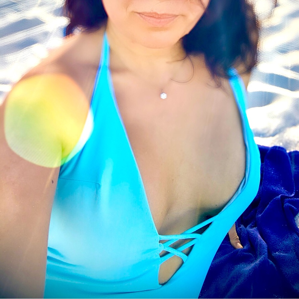 SOLD. Tiffany Blue Cheeky Plunge Neck One Piece Swimsuit